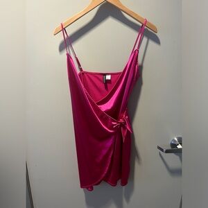 Shiny Adjustable Strap Wrap Hot Pink Mini Dress